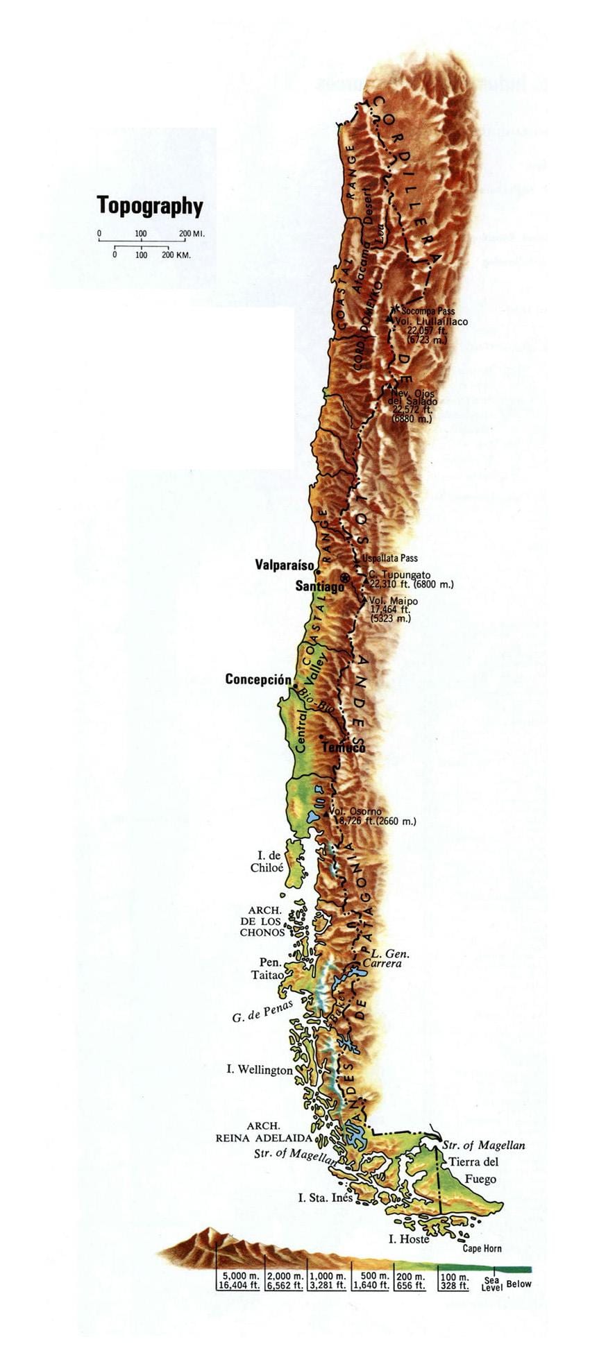 Chile elevation mapa
